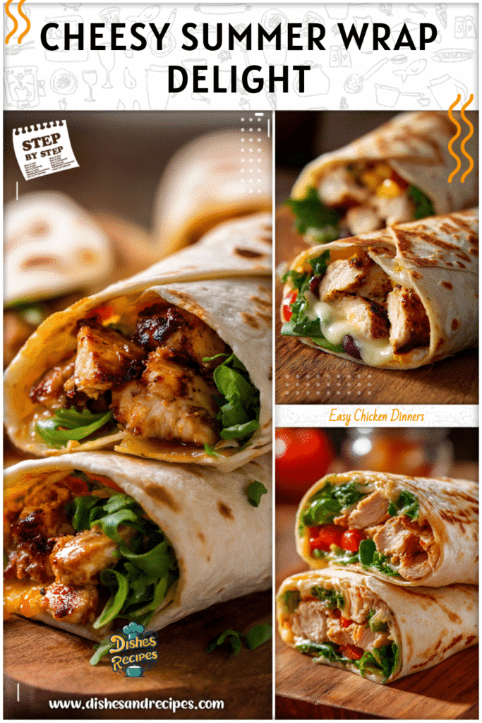 Grilled wraps stuffed with chicken and melted cheese served as cheap and easy summer dinner ideas.